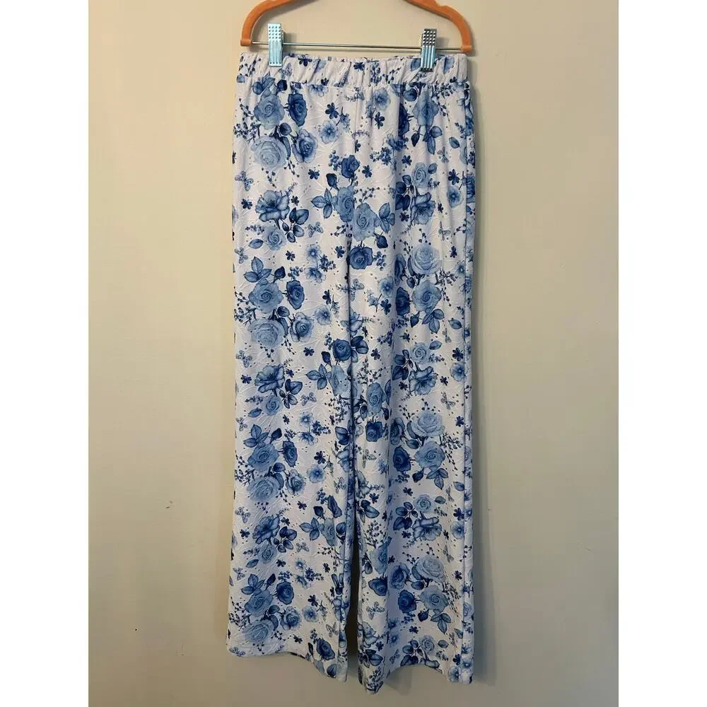Tahari Girls Blue White Floral 2 Pc Matching Set Peplum Top Wide Leg Pants Sz 12